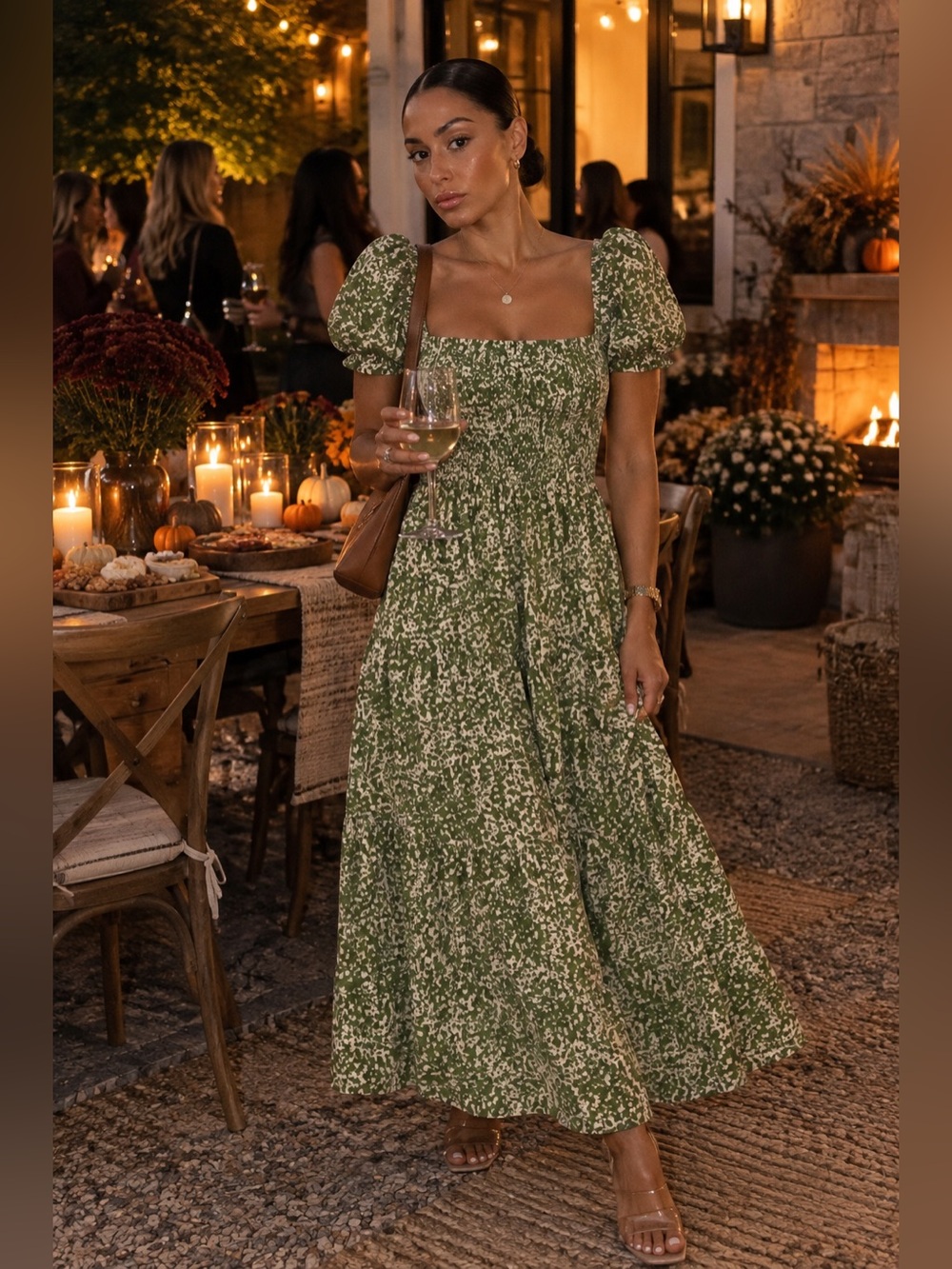 Abercrombie & Fitch Smocked Square-Neck Maxi Dress - Olive Floral